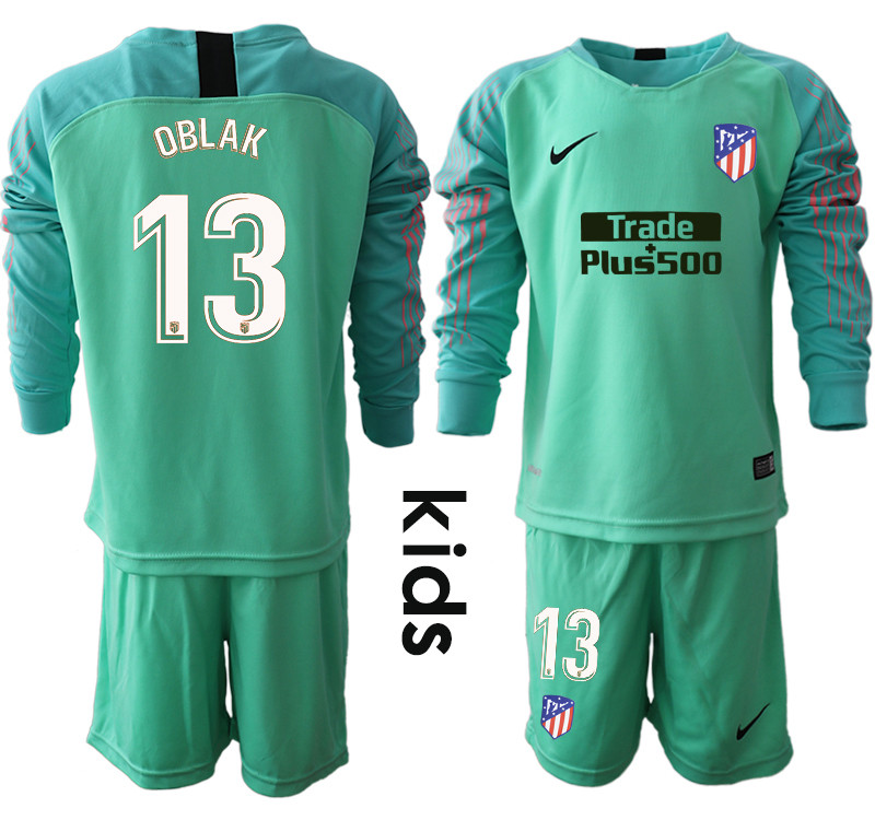 2018 19 Atletico Madrid 13 OBLAK Green Youth Long Sleeve Soccer Jersey