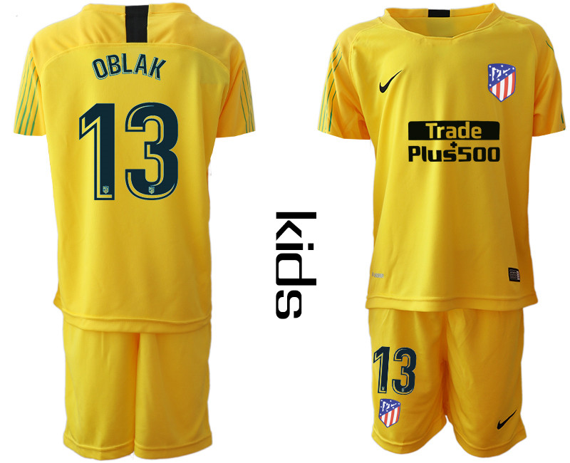 2018 19 Atletico Madrid 13 OBLAK Yellow Youth Goalkeeper Soccer Jersey