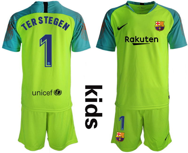 2018 19 Barcelona 1 TER STEGEN Fluorescent Green Youth Goalkeeper Soccer Jersey