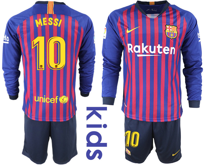 2018 19 Barcelona 10 MESSI Home Youth Long Sleeve Soccer Jersey