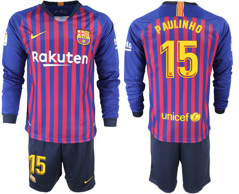 2018 19 Barcelona 15 PAULINHO Home Long Sleeve Soccer Jersey