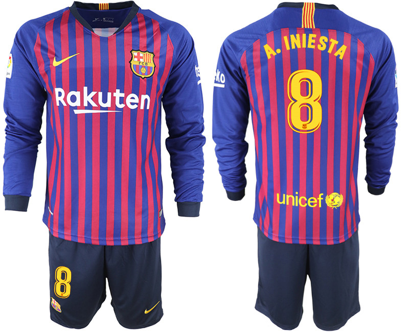 2018 19 Barcelona 8 A. INIESTA Home Long Sleeve Soccer Jersey