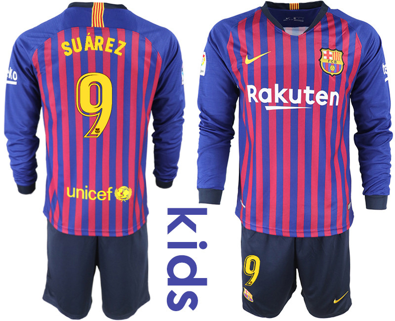 2018 19 Barcelona 9 SUAREZ Home Youth Long Sleeve Soccer Jersey