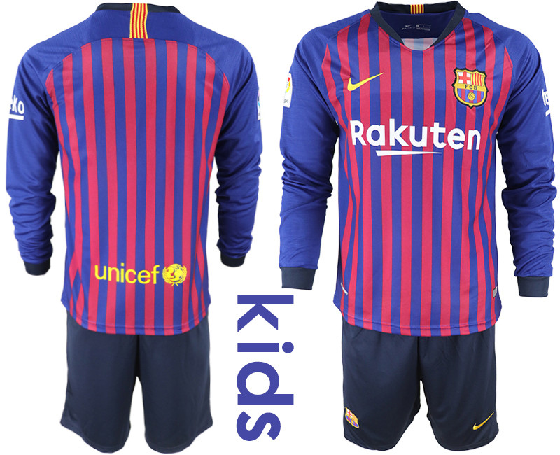 2018 19 Barcelona Home Youth Long Sleeve Soccer Jersey