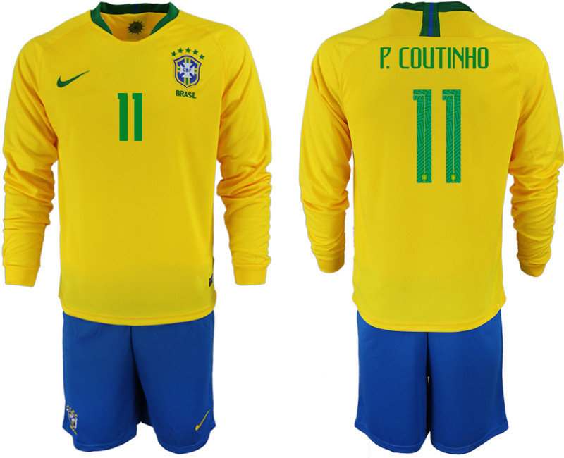 2018 19 Brazil 11 P. COUTINHO Home Long Sleeve Soccer Jersey