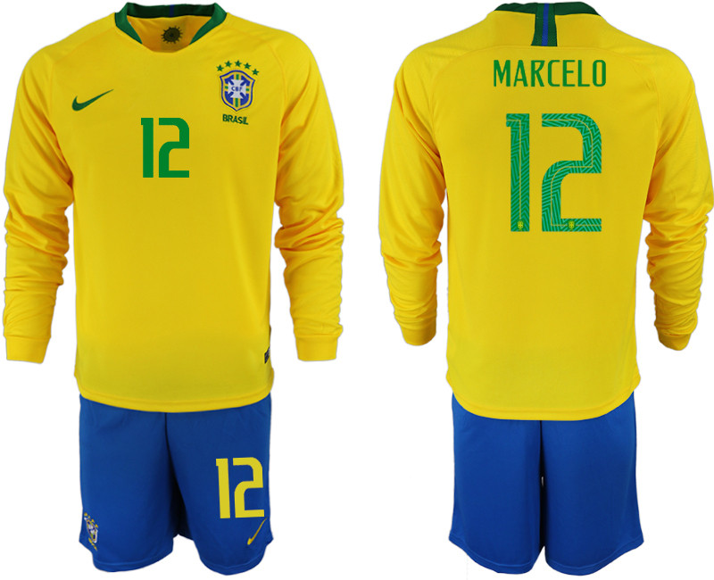 2018 19 Brazil 12 MARCELO Home Long Sleeve Soccer Jersey