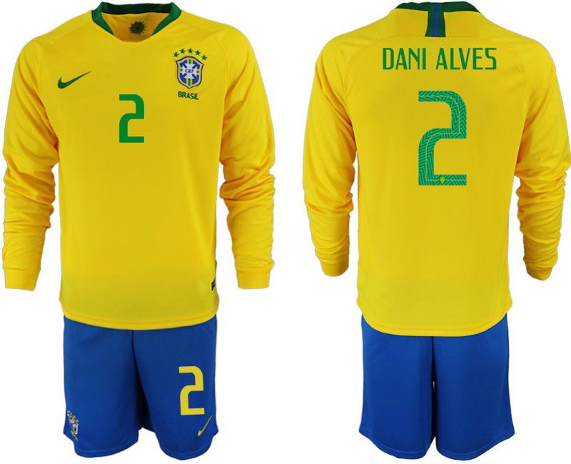 2018 19 Brazil 2 DANI ALVES Home Long Sleeve Soccer Jersey