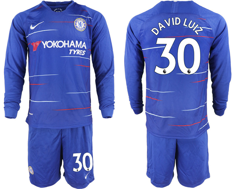 2018 19 Chelsea 30 DAVID LUIZ Home Long Sleeve Soccer Jersey