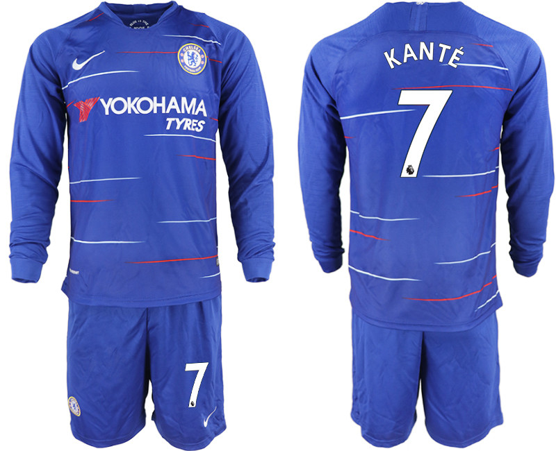 2018 19 Chelsea 7 KANTE Home Long Sleeve Soccer Jersey