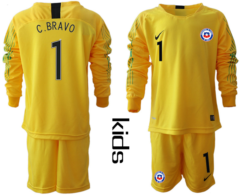 2018 19 Chile 1 C. BRAVO Yellow Youth Long Sleeve Goalkeeper Soccer Jersey