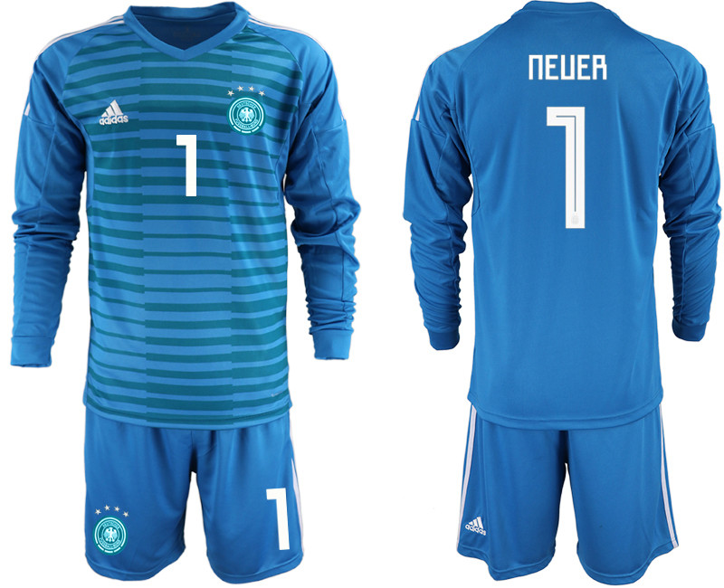 2018 19 Germany 1 NEUER Blue Long Sleeve Goalkeeper Soccer Jersey