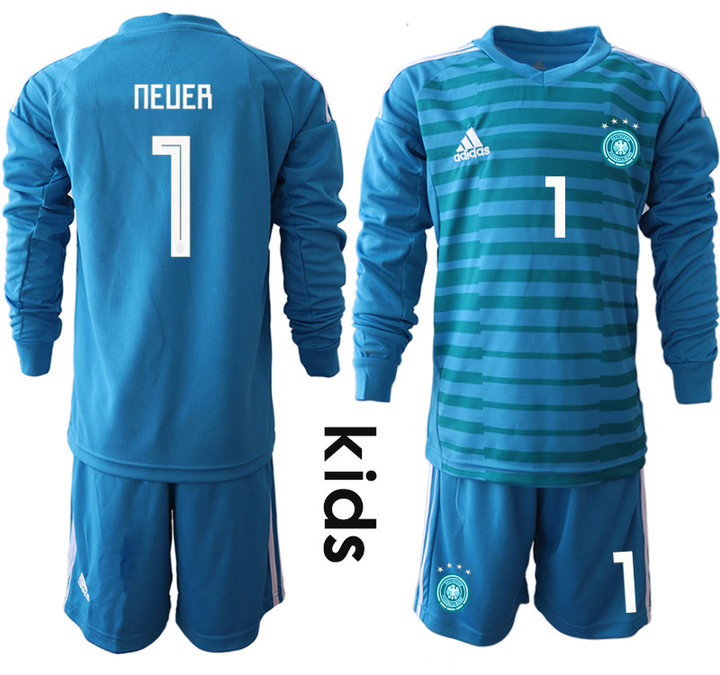2018 19 Germany 1 NEUER Blue Youth Long Sleeve Goalkeeper Soccer Jersey