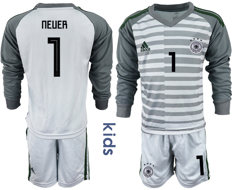 2018 19 Germany 1 NEUER Gray Youth Long Sleeve Goalkeeper Soccer Jersey