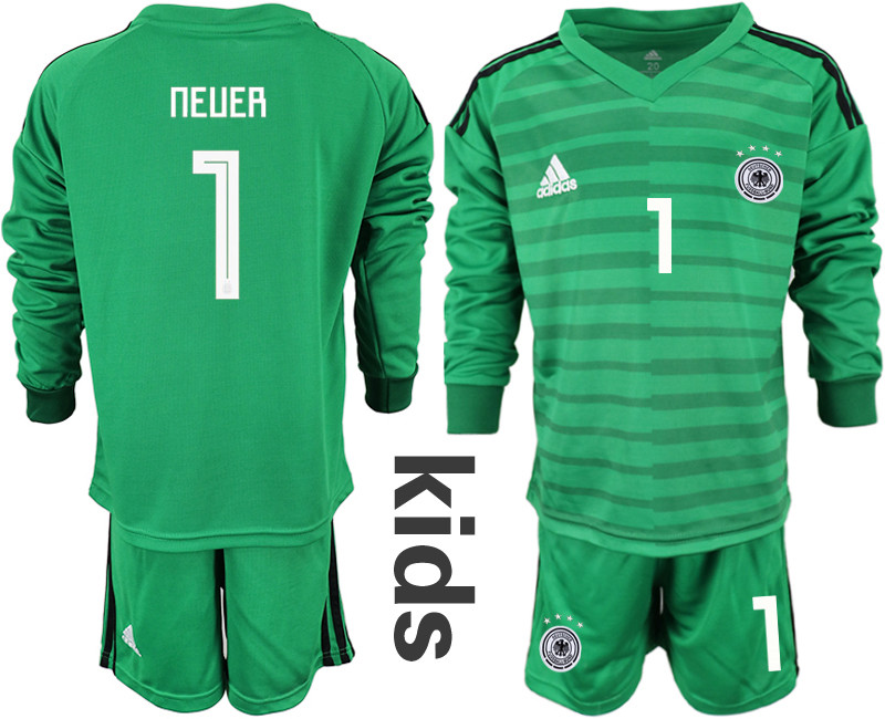 2018 19 Germany 1 NEUER Green Youth Long Sleeve Goalkeeper Soccer Jersey