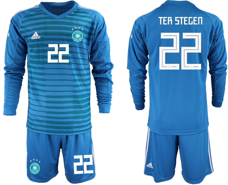 2018 19 Germany 22 TER STEGEN Blue Long Sleeve Goalkeeper Soccer Jersey
