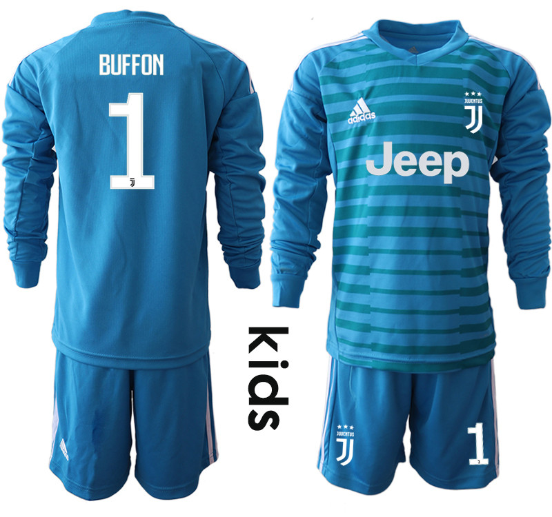 2018 19 Juventus 1 BUFFON Blue Youth Long Sleeve Goalkeeper Soccer Jersey