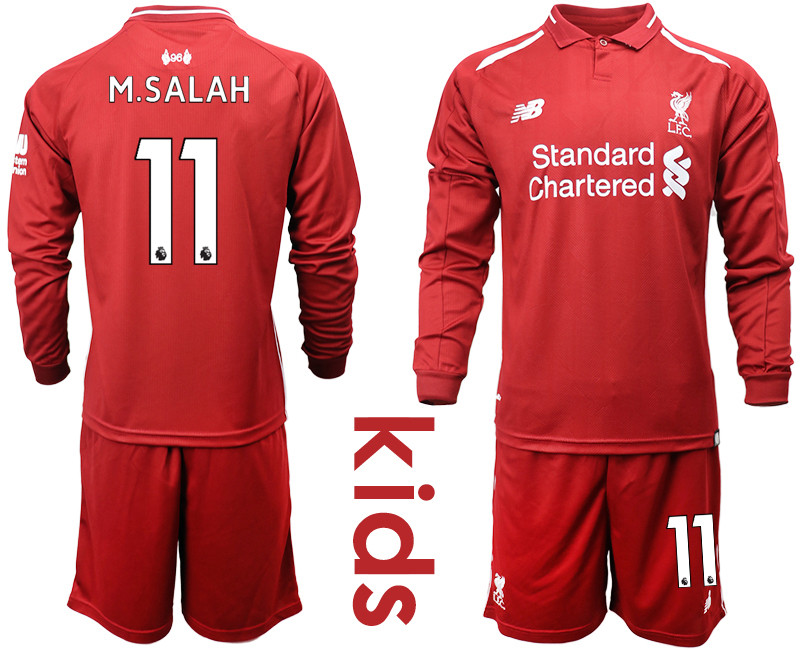 2018 19 Liverpool 11 M.SALAH Home Youth Long Sleeve Soccer Jersey