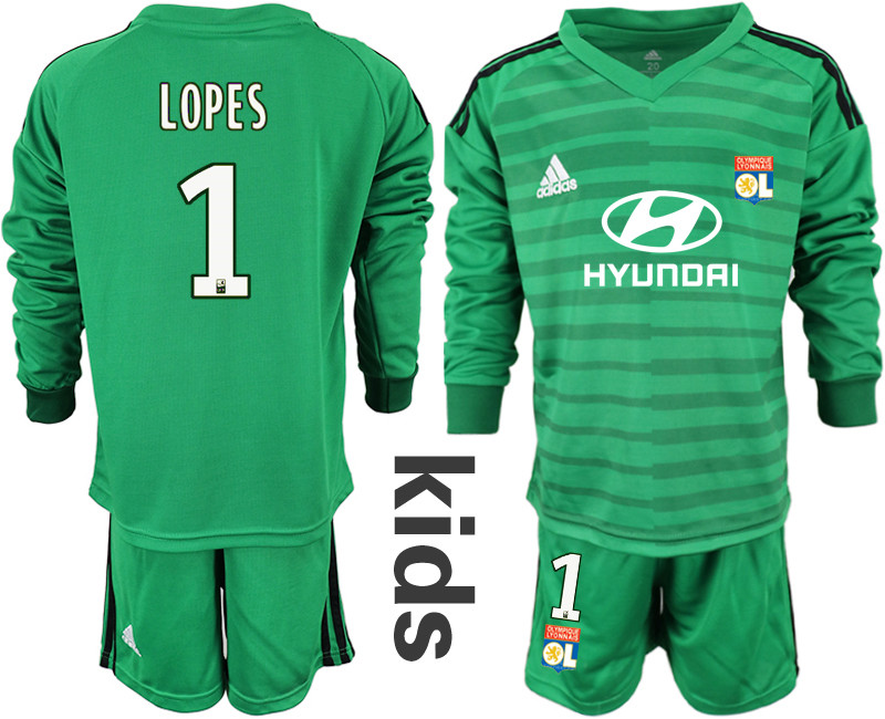 2018 19 Lyon 1 LOPES Green Youth Long Sleeve Goalkeeper Soccer Jersey