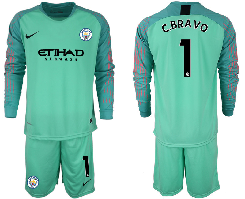 2018 19 Manchester City 1 C.BRAVO Green Long Sleeve Goalkeeper Soccer Jersey