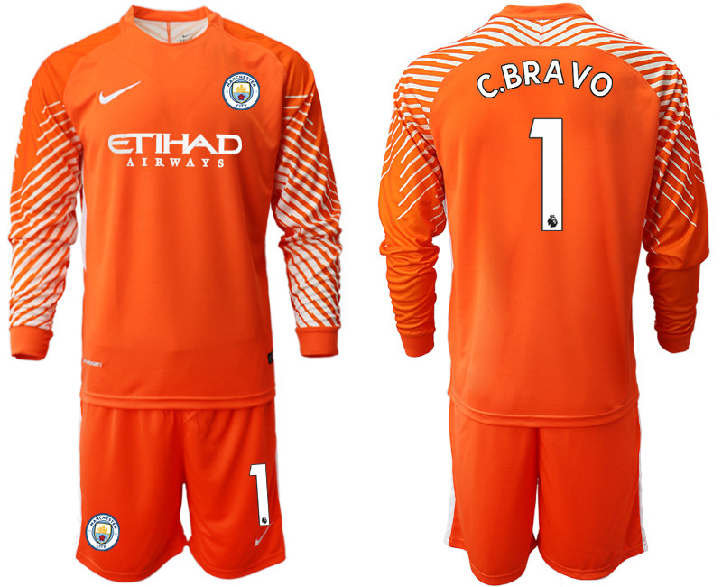 2018 19 Manchester City 1 C.BRAVO Orange Long Sleeve Goalkeeper Soccer Jersey