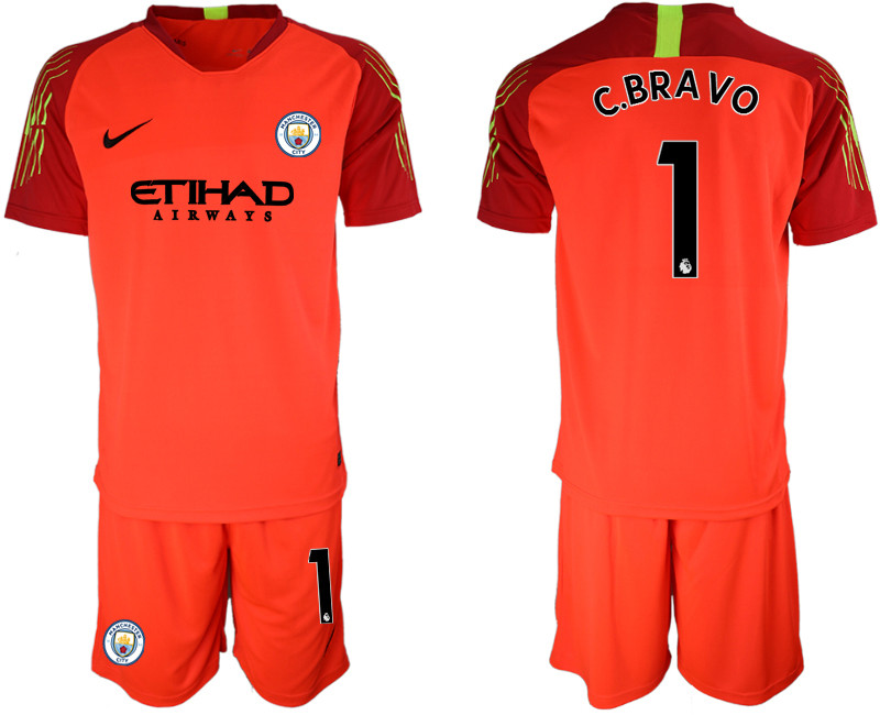 2018 19 Manchester City 1 C.BRAVO Red Goalkeeper Soccer Jersey