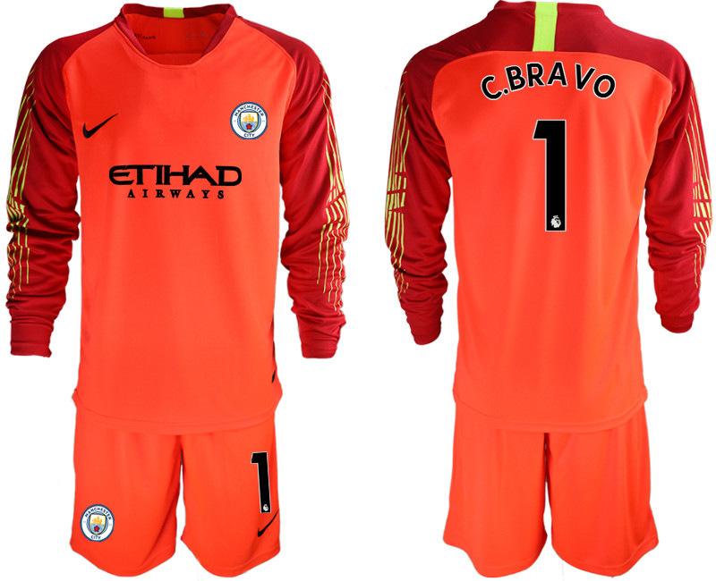 2018 19 Manchester City 1 C.BRAVO Red Long Sleeve Goalkeeper Soccer Jersey
