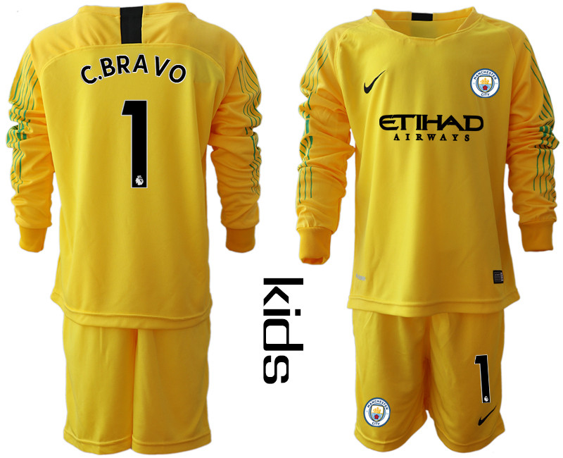 2018 19 Manchester City 1 C.BRAVO Yellow Youth Long Sleeve Goalkeeper Soccer Jersey