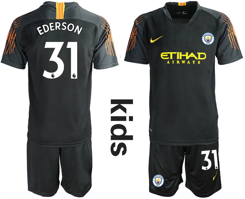 2018 19 Manchester City 31 EDERSON Black Youth Goalkeeper Soccer Jersey