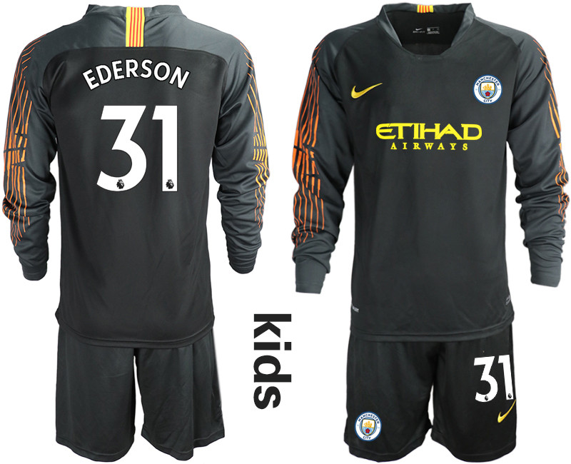 2018 19 Manchester City 31 EDERSON Black Youth Long Sleeve Goalkeeper Soccer Jersey