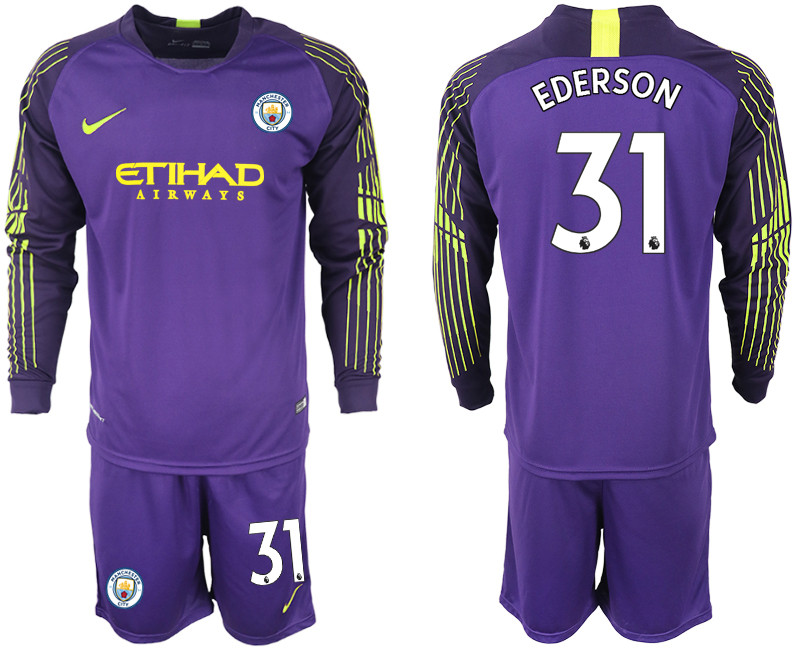 2018 19 Manchester City 31 EDERSON Purple Long Sleeve Goalkeeper Soccer Jersey