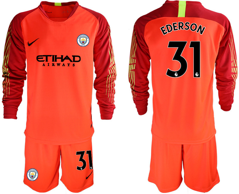 2018 19 Manchester City 31 EDERSON Red Long Sleeve Goalkeeper Soccer Jersey