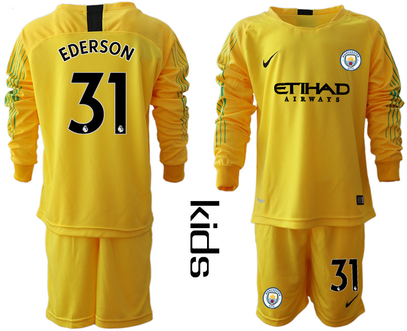 2018 19 Manchester City 31 EDERSON Yellow Youth Long Sleeve Goalkeeper Soccer Jersey