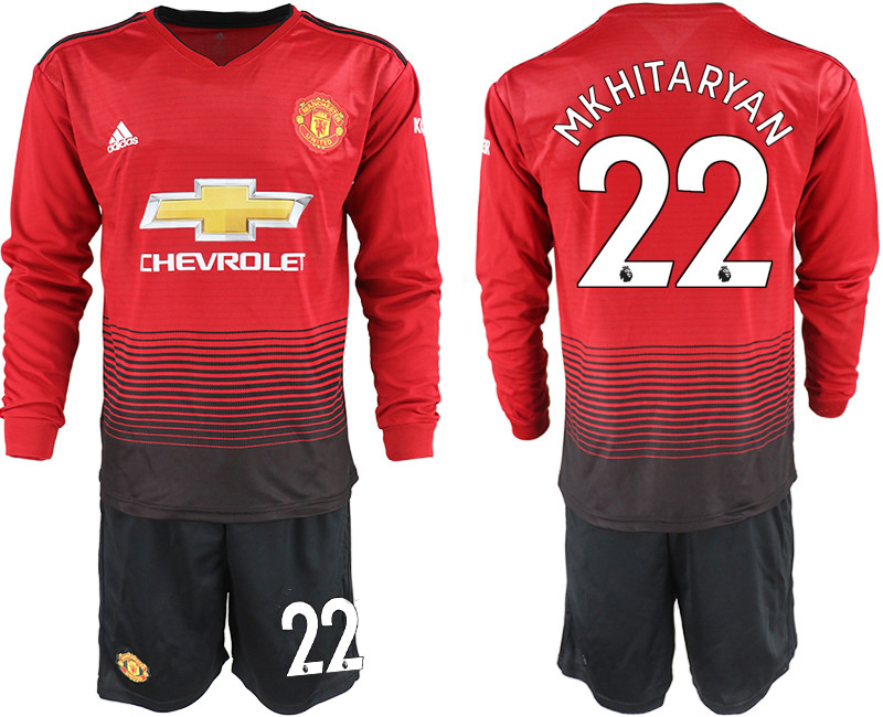 2018 19 Manchester United 22 MKHITARYAN Home Long Sleeve Soccer Jersey
