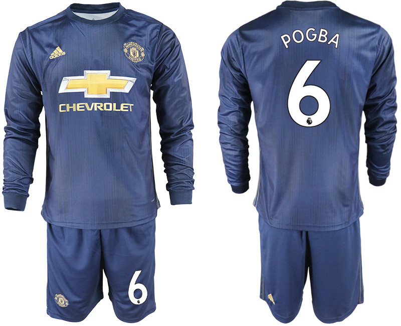 2018 19 Manchester United 6 POGBA Away Long Sleeve Soccer Jersey