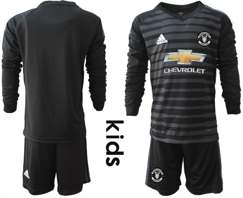 2018 19 Manchester United Black Youth Long Sleeve Goalkeeper Soccer Jersey