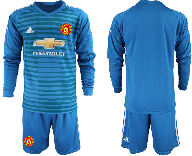 2018 19 Manchester United Blue Long Sleeve Goalkeeper Soccer Jersey