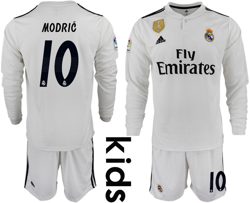 2018 19 Real Madrid 10 MODRIC Home Youth Long Sleeve Soccer Jersey