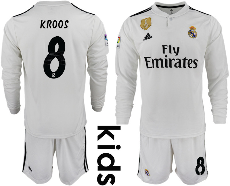 2018 19 Real Madrid 8 KROOS Home Youth Long Sleeve Soccer Jersey