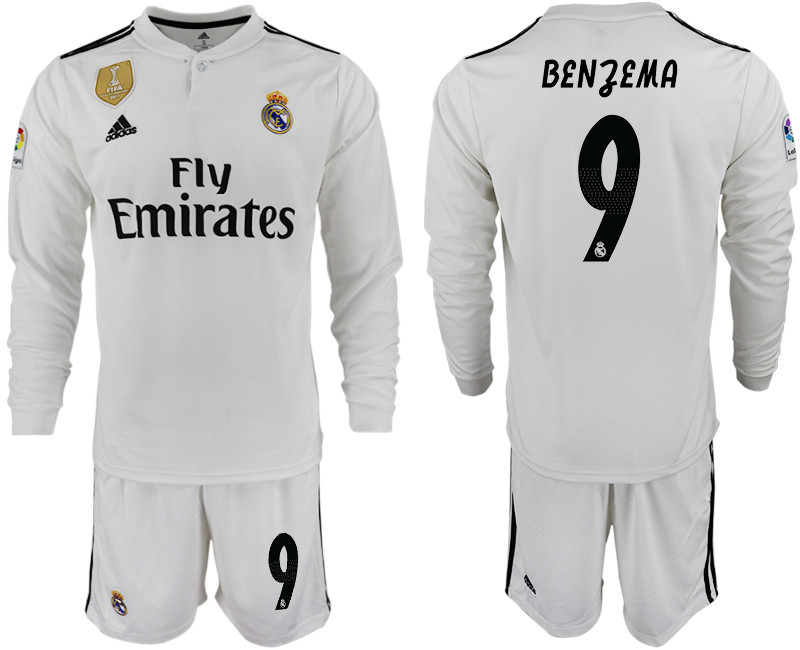 2018 19 Real Madrid 9 BENZEMA Home Long Sleeve Soccer Jersey