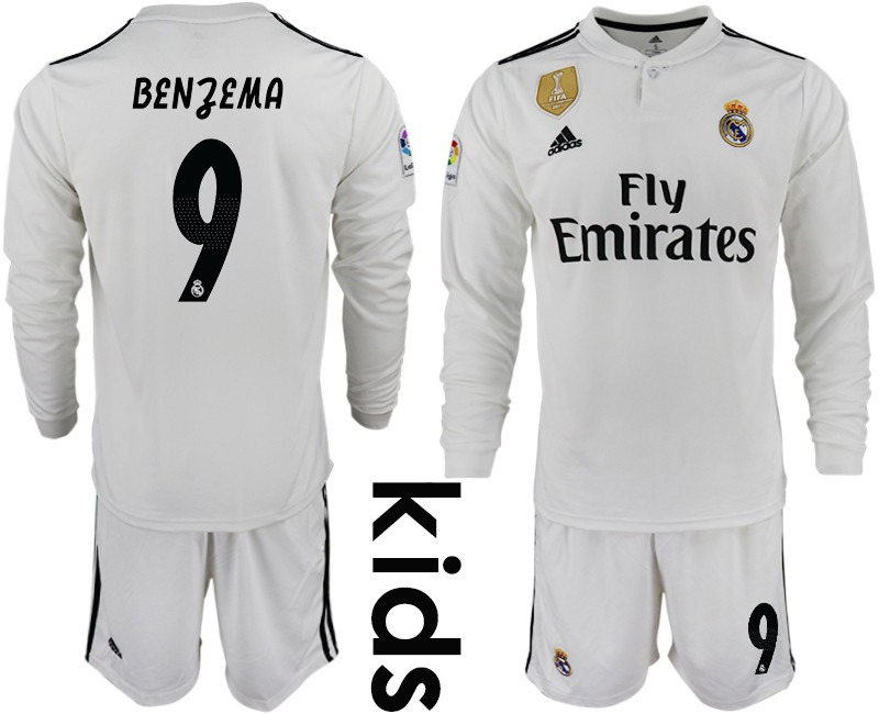 2018 19 Real Madrid 9 BENZEMA Home Youth Long Sleeve Soccer Jersey
