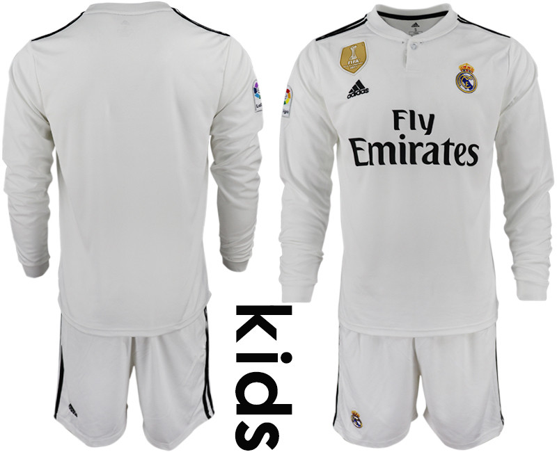 2018 19 Real Madrid Home Youth Long Sleeve Soccer Jersey