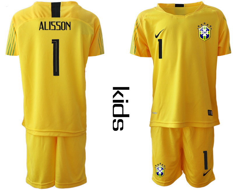 2019 20 Brazil 1 ALISSON Yellow Youth Goalkeeper Soccer Jersey