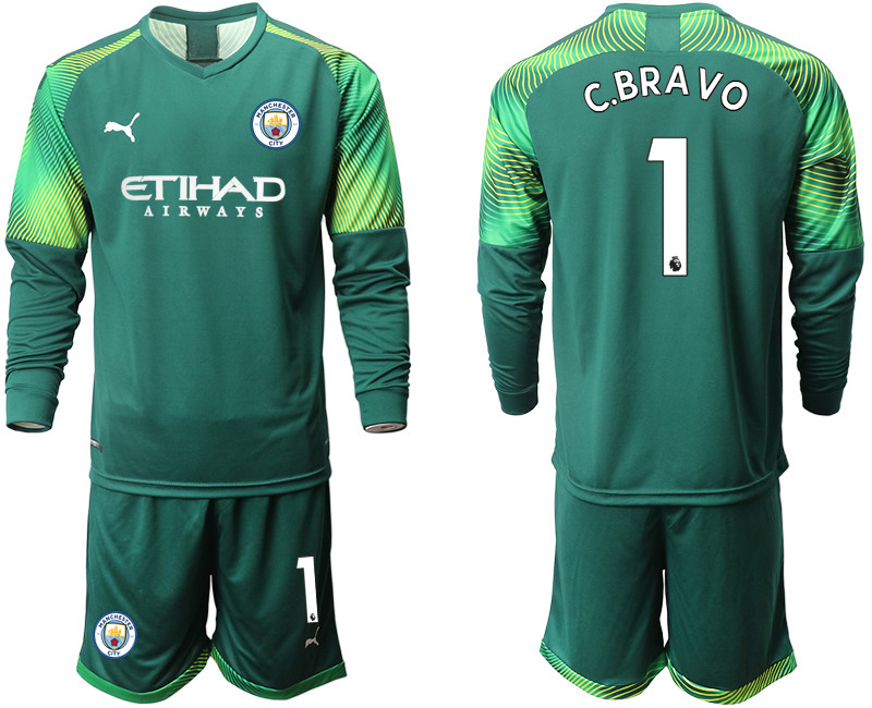 2019 20 Manchester City 1 C.BRAVO Dark Green Goalkeeper Long Sleeve Soccer Jersey