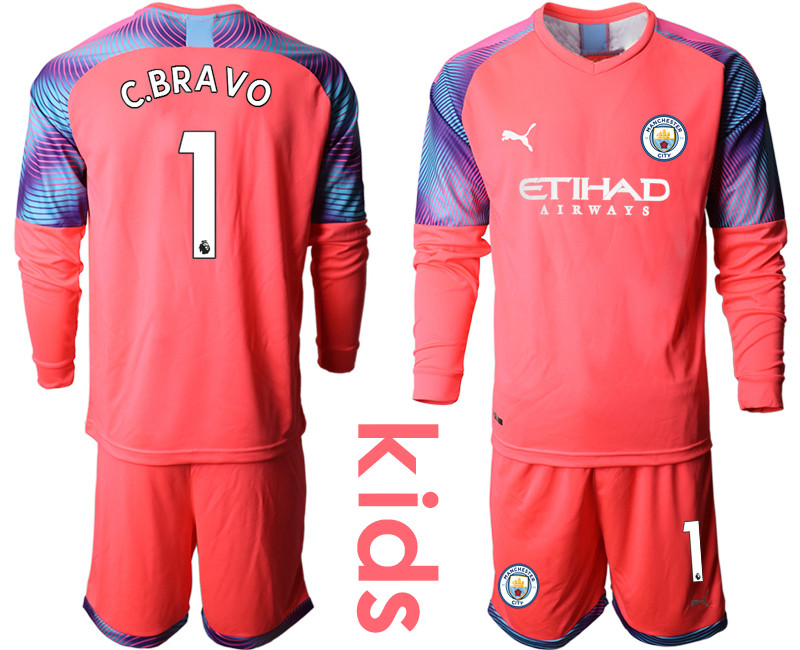 2019 20 Manchester City 1 C.BRAVO Pink Goalkeeper Youth Long Sleeve Soccer Jersey