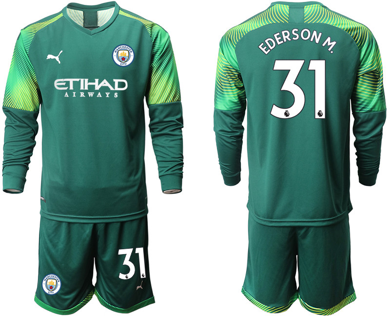 2019 20 Manchester City 31 EDERSON M. Dark Green Goalkeeper Long Sleeve Soccer Jersey