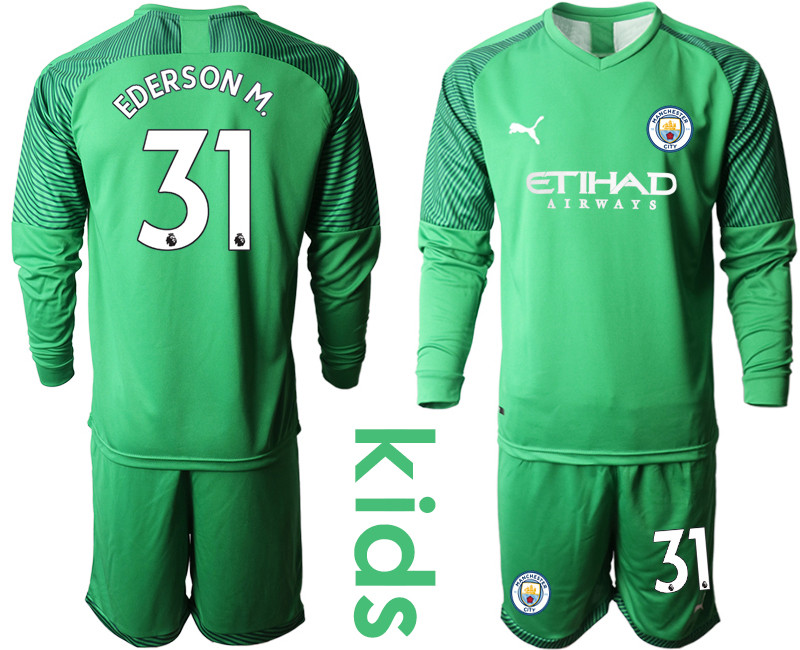 2019 20 Manchester City 31 EDERSON M. Green Goalkeeper Youth Long Sleeve Soccer Jersey