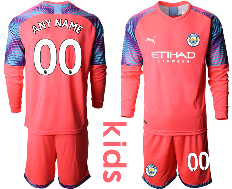 2019 20 Manchester City Customized Pink Goalkeeper Youth Long Sleeve Soccer Jersey