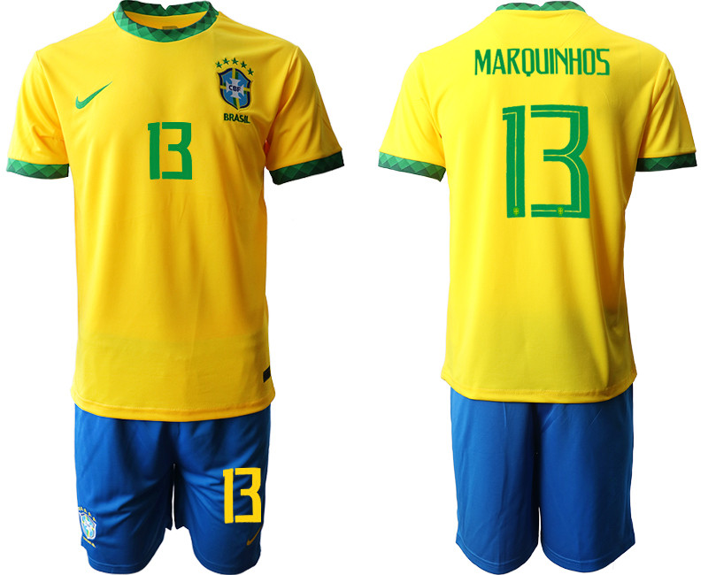 2020 21 Brazil 13 MARQUINHOS Home Soccer Jersey