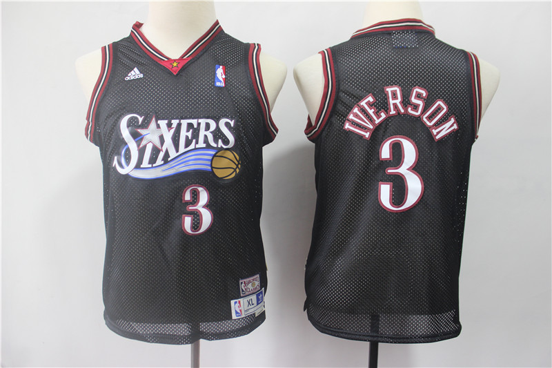 76ers 3 Allen Iverson Black Youth Hardwood Classics Jersey
