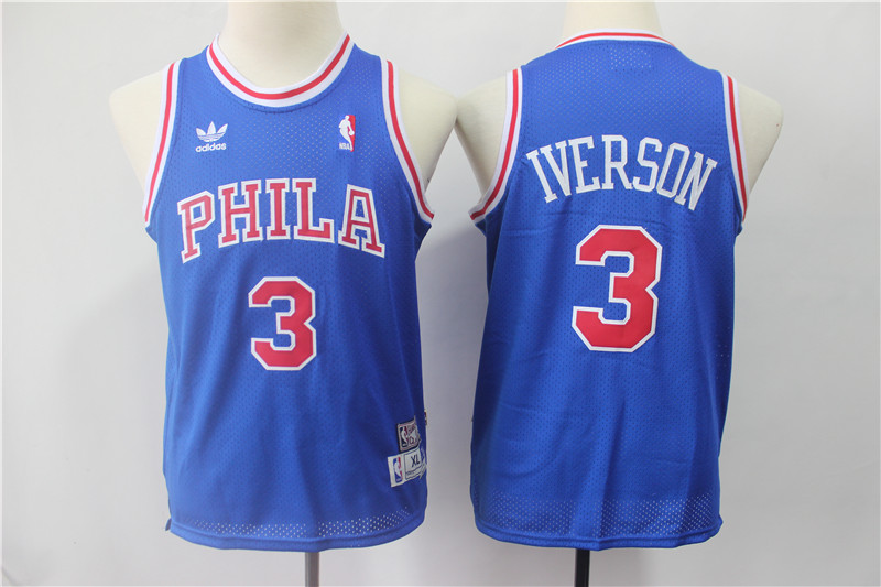 76ers 3 Allen Iverson Blue Youth Hardwood Classics Jersey